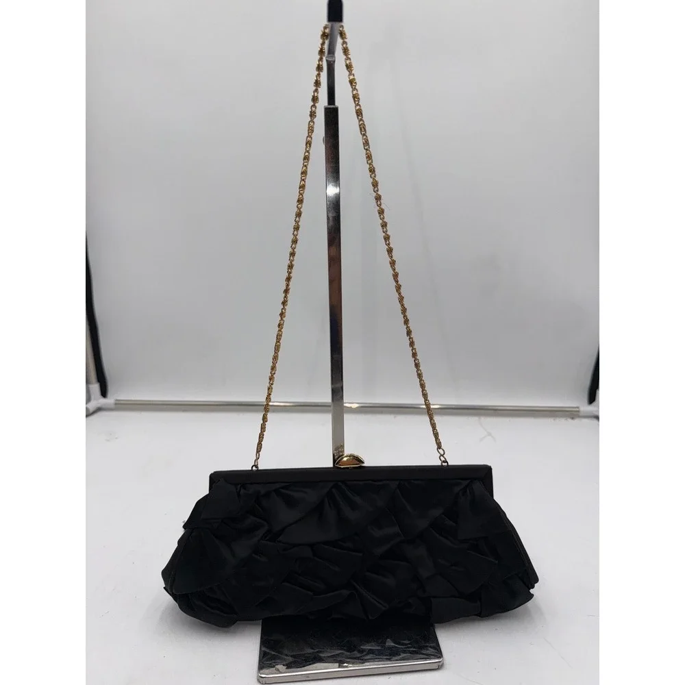 Lord & Taylor Black Satin Ruffle Evening Clutch Rhinestone Clasp Gold Chain Bag